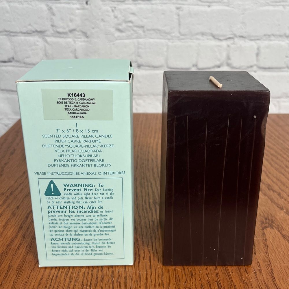 PartyLite Teakwood & Cardamom 3x6 Square Pillar New in box